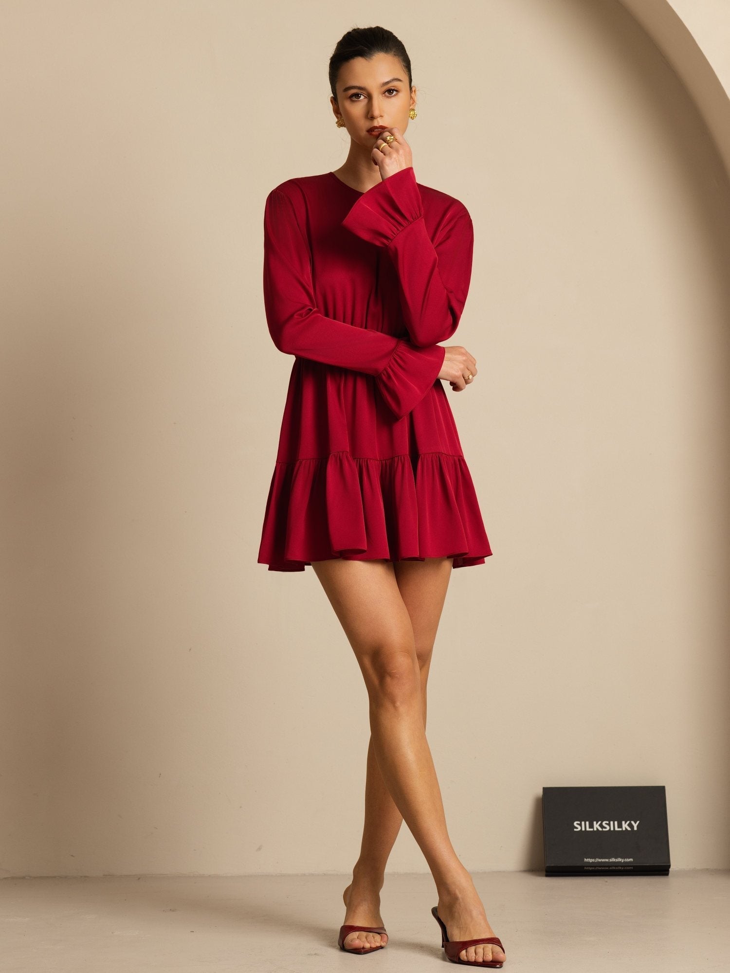 [Wine] SilkSilky  19Momme Silk Long Sleeve Round Neck Dress 001