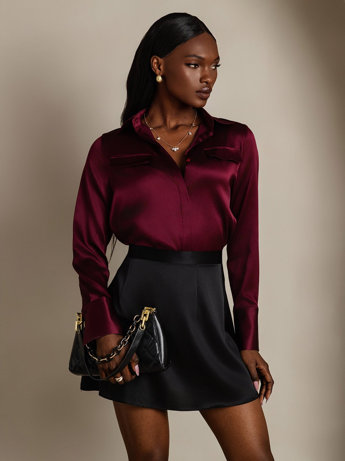 [Dark Red] SilkSilky  Long Sleeve Lapel Collar Women's Shirts 001