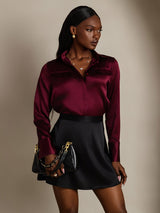 [Dark Red] SilkSilky  Long Sleeve Lapel Collar Women's Shirts 001