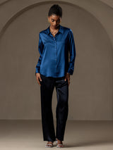 [Teal] SilkSilky  Long Sleeve Lapel Collar Women's Shirt 004
