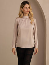 [Coffee] SilkSilky Long Sleeve Stand Collar Women's Blouse 001