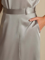 High-waist silver silk midi skirt with belt and side pockets
