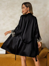 [Black] SilkSilky  Pure Silk 3/4 Sleeve V Neck Women's Pajamas 002