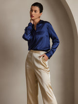 [Dark Blue] SilkSilky  Long Sleeve Lapel Collar Women's Shirt 005