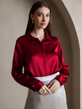 Red silk long sleeve lapel collar women's shirt with concealed buttons