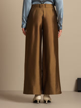 Brown silk-wool blend high waist wide-leg pants with pleats and side pockets