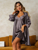 [Purple Gray] SilkSilky  3/4 Sleeve V Neck Nightgown&Robe Set 001