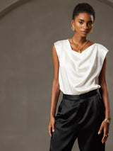 [White] SilkSilky  Cap Sleeve Cowl Neck Women's T-Shirt 005