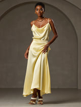 [Yellow] SilkSilky  19Momme Stretch Silk Charmeuse Spaghetti Strap Cowl Neck Camisole Top 005