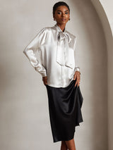 [Light Gray] SilkSilky  19Momme Stretch Silk Charmeuse Long Sleeve Tie Neck Blouse 004