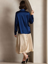 [Dark Blue] SilkSilky  Long Sleeve Lapel Collar Women's Shirts 002