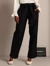 Black silk-wool blend high waist cropped pants with tie waist and tapered leg