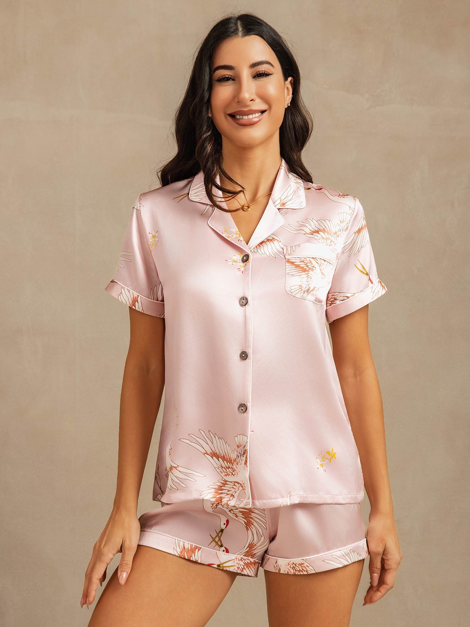 [Pink] SilkSilky  Short Sleeve Lapel Collar Women's Pajamas 001
