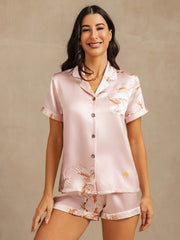 19Momme Women's 100% Mulberry Silk Crane Print Short Sleeve Notch Collar Pajamas Set