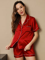 [Wine] SilkSilky  Short Sleeve Lapel Collar Women's Pajamas 004