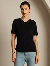 [Black] SilkSilky  100% High-Twist Silk Jersey Short Sleeve V Neck Women's T-Shirt 005