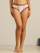 Pink silk low-rise panty with sheer trim and ruffled edges