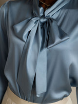 [Grayish Blue] SilkSilky  19Momme Stretch Silk Charmeuse Long Sleeve Tie Neck Blouse 008