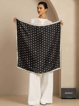 Black mulberry silk square scarf with white paw print pattern, 90x90cm