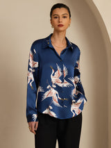 [Dark Blue] SilkSilky  Long Sleeve Lapel Collar Women's Shirt 001