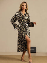 Leopard print pure silk midi robe with long sleeves, V-neck and belted waist