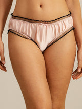 Pink silk ruffle trim low-rise panty with sheer black edging