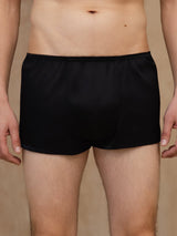 Black silk men's boxer underwear with mid-rise elastic waistband