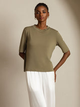 [Burnt Olive] SilkSilky  100% High-Twist Silk Jersey Half Sleeve Crew Neck Women's T-Shirt 005