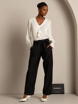SilkSilky silk-wool blend high waist tapered cropped pants in black with tie waist