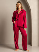 Red long sleeve notch collar silk pajama set with button front top and straight-leg pants