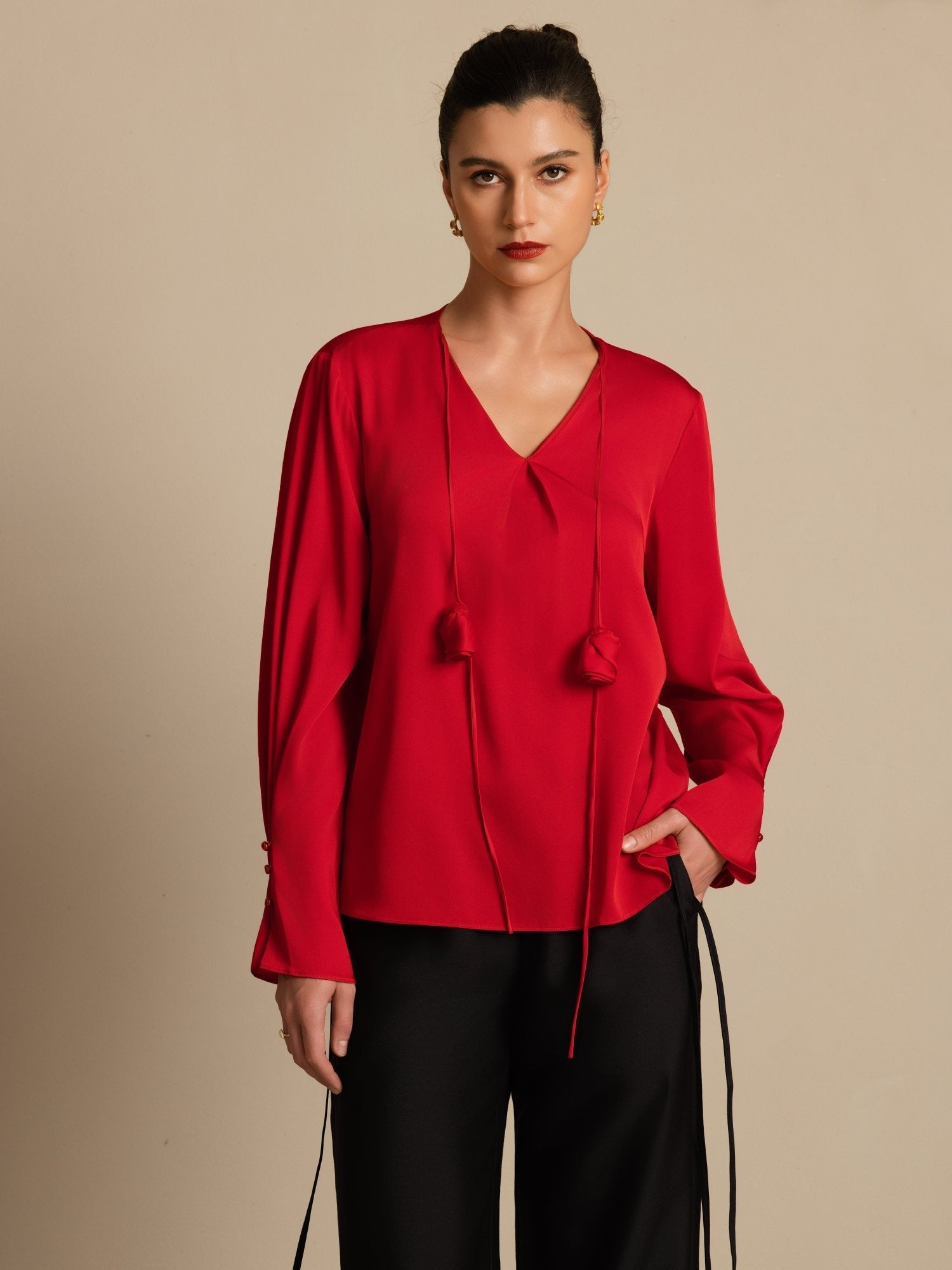 [Wine] SilkSilky  Long Sleeve V Neck Women's Blouse 001