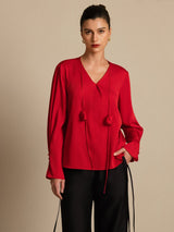 [Wine] SilkSilky  Long Sleeve V Neck Women's Blouse 001
