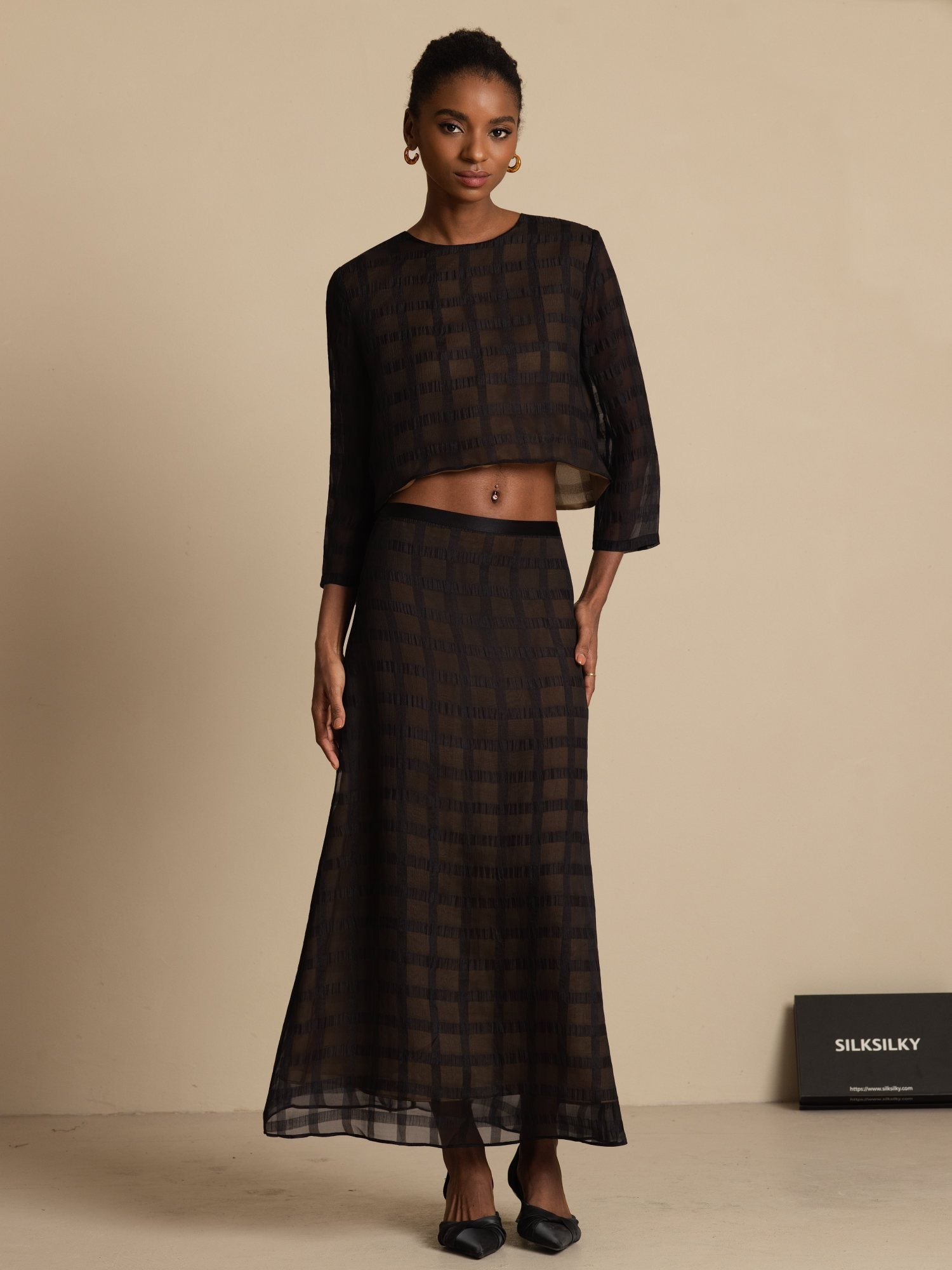Pure silk textured grid crop blouse and A-line long skirt set in dark checkered jacquard