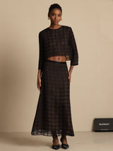 Pure silk textured grid crop blouse and A-line long skirt set in dark checkered jacquard