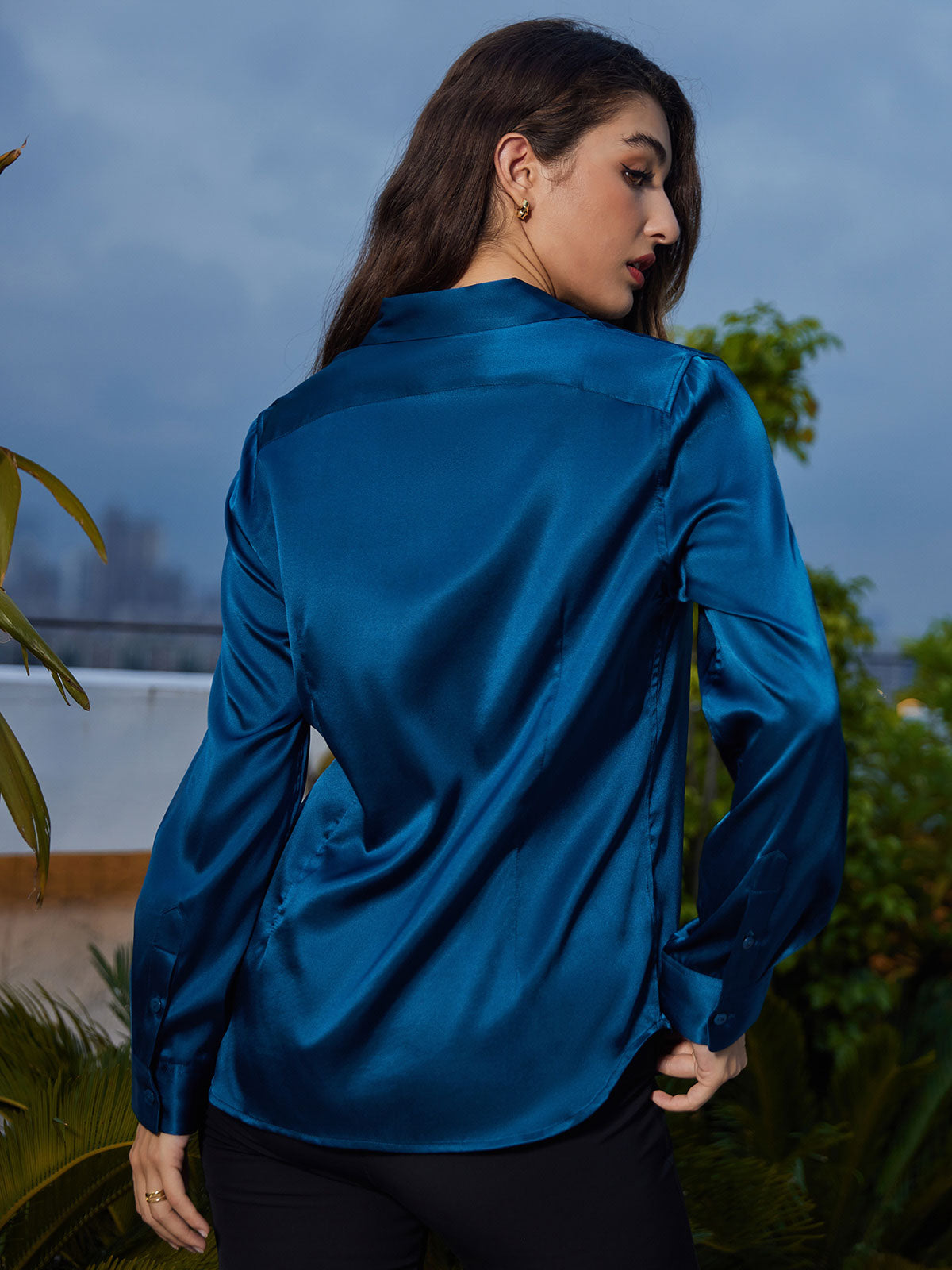 [Teal] SilkSilky  Long Sleeve Lapel Collar Women's Shirt 002