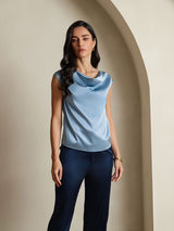 [Grayish Blue] SilkSilky  Cap Sleeve Cowl Neck Women's T-Shirt 001