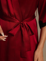 Red silk women's robe with lace cuff and self-tie waist belt