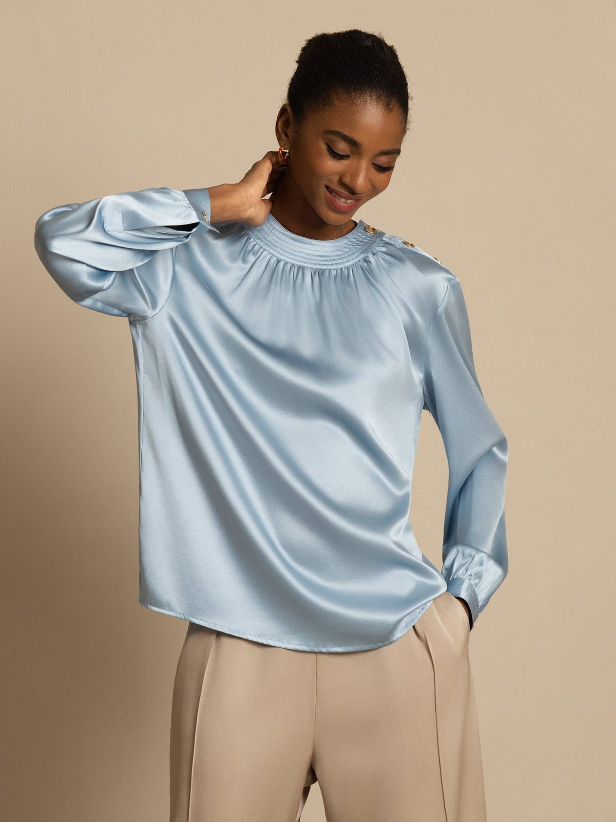 [Grayish Blue] SilkSilky  Long Sleeve Round Neck Women's Blouse 001