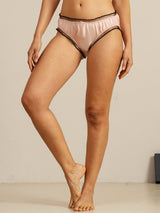 SilkSilky sheer trim silk panty in blush pink with black ruffle edges and low-rise fit