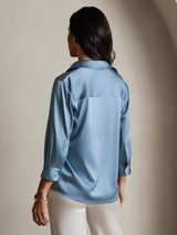[Grayish Blue] SilkSilky  3/4 Sleeve Lapel Collar Women's Shirts 002
