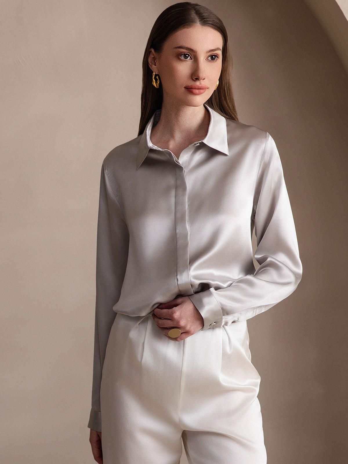 [Light Gray] SilkSilky  Long Sleeve Lapel Collar Women's Shirts 001