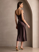[Coffee] SilkSilky  Pure Silk Spaghetti Strap V Neck Dress 002