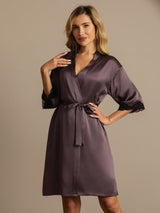 Women's purple silk robe with lace cuffs, V-neck, and self-tie belt
