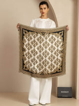 Vintage-inspired silk square scarf with baroque border, neutral beige and black pattern