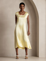 [Light Yellow] SilkSilky  19Momme Stretch Silk Charmeuse Cap Sleeve Scoop Neck Dress 001