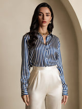 [Navy Stripe] SilkSilky  Long Sleeve Lapel Collar Women's Shirt 001