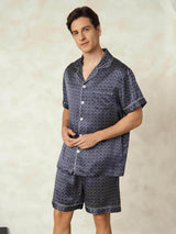 [Navy Ginkgo] SilkSilky  Short Sleeve Lapel Collar Men's Pajamas 003