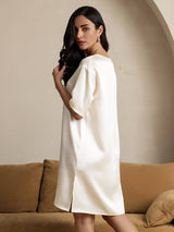 [Beige] SilkSilky  Half Sleeve V Neck Nightgown 002