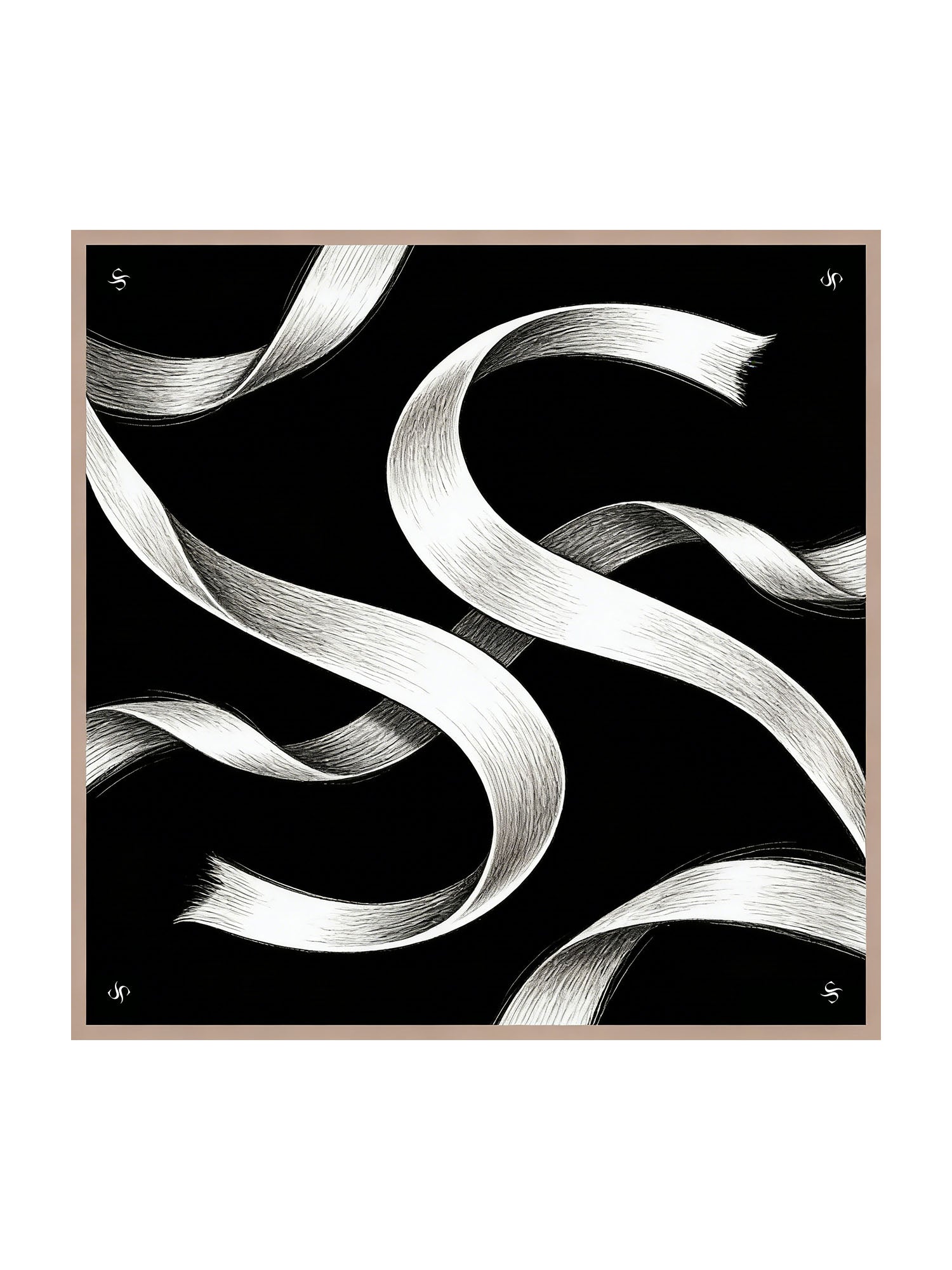 Black silk square scarf with white ribbon print, 90x90cm, SilkSilky