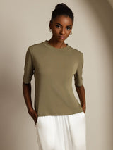 [Burnt Olive] SilkSilky  100% High-Twist Silk Jersey Half Sleeve Crew Neck Women's T-Shirt 003